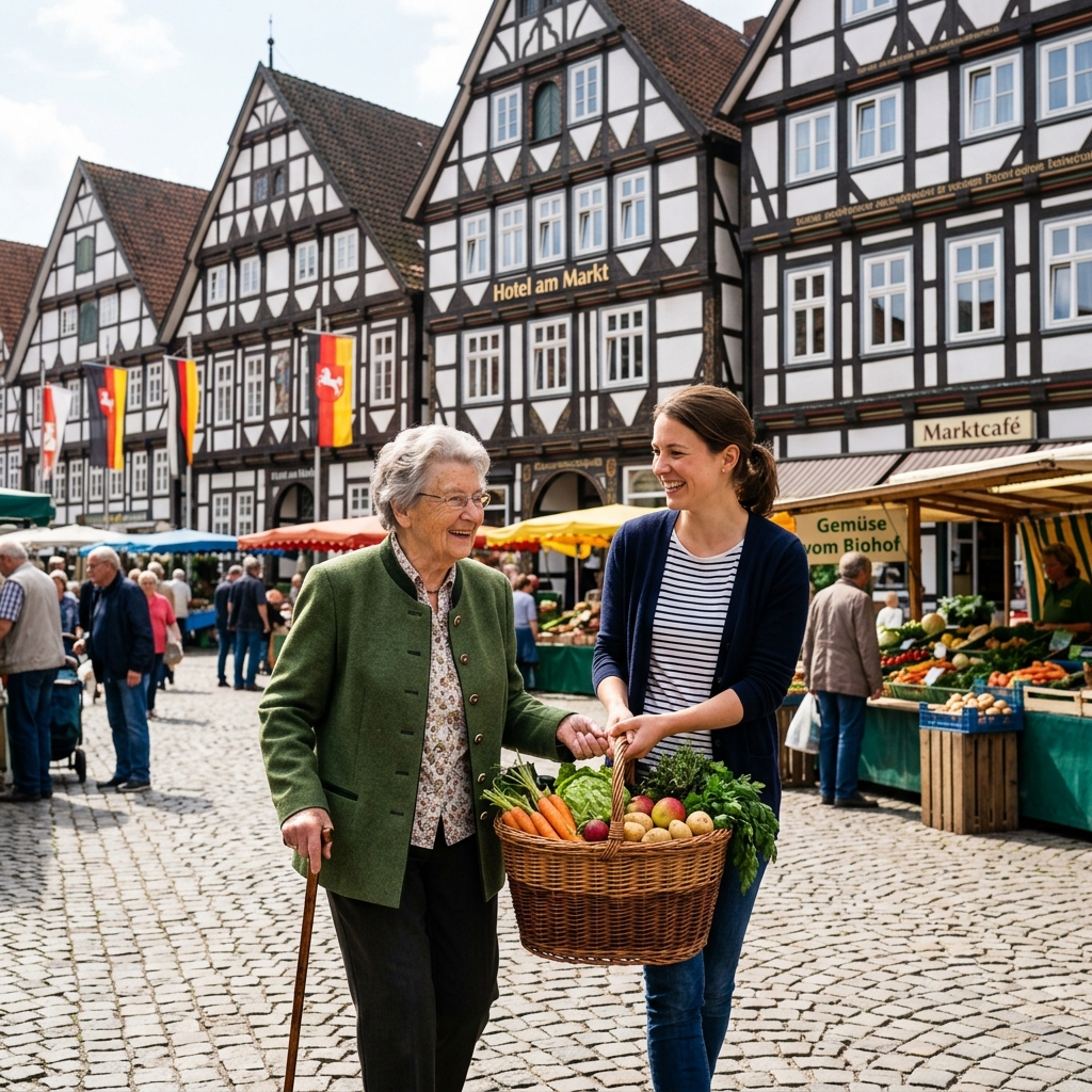 Gemeinsam auf dem Celler Wochenmarkt – Schönes Begleiten Einkaufsdienst & Erledigungen ohne Hektik und Schmerzen. – Alltagsbegleitung Celle & Kreis Soest